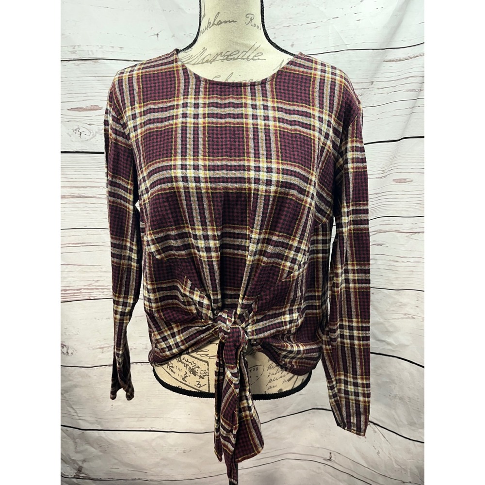 DESIGN LAB Plaid Tie Front Long Sleeve Shirt Womens M Medium Burgundy Casual